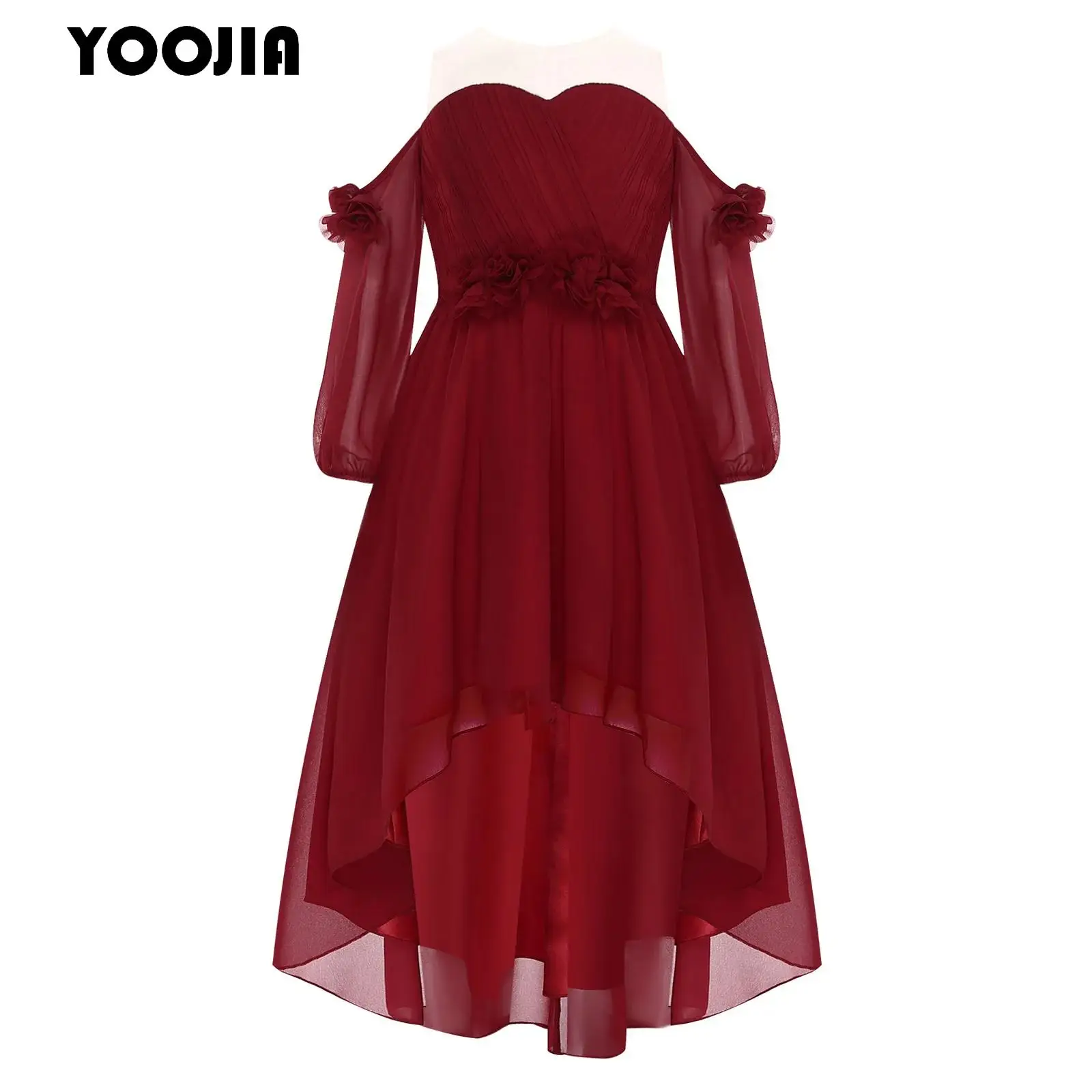 

Elegant Cold Shoulder Flower Girls Dress Long Sleeve 3D Flower Applique Bridesmaid Dress Chiffon Wedding Princess Party Gowns