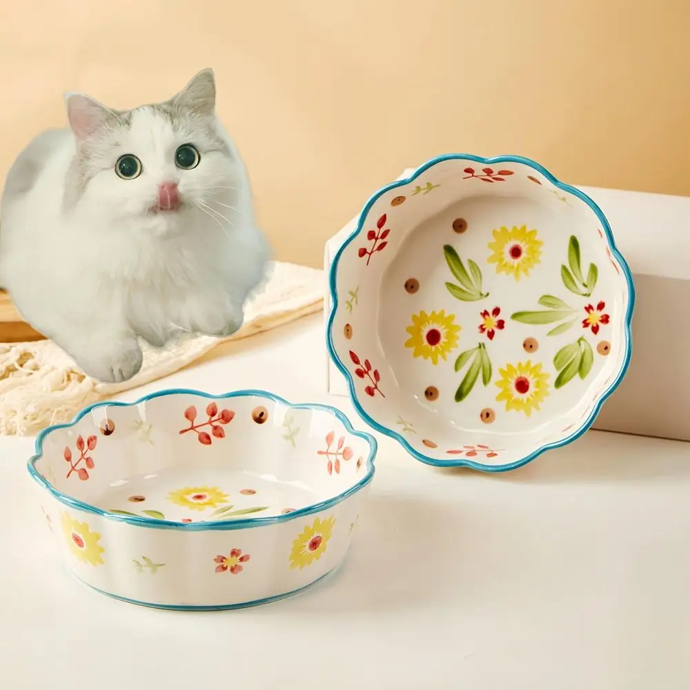 Hand Painted Shallow Wide Cat Bowl, Friend-Friendly, Lead-Free Glaze, Large-Capacity, Suitable for Dry Food, Wet Food and Water,