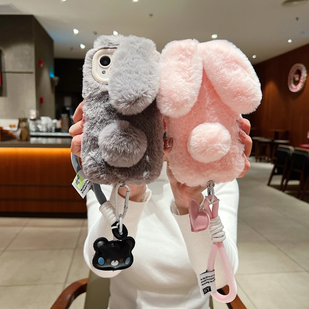 3D Cartoon Cute Soft Plush Rabbit With Lanyard Phone Case For iPhone 15 14 13 12 11 16 Pro Max Plus Furry Bunny Fur Hair Cover