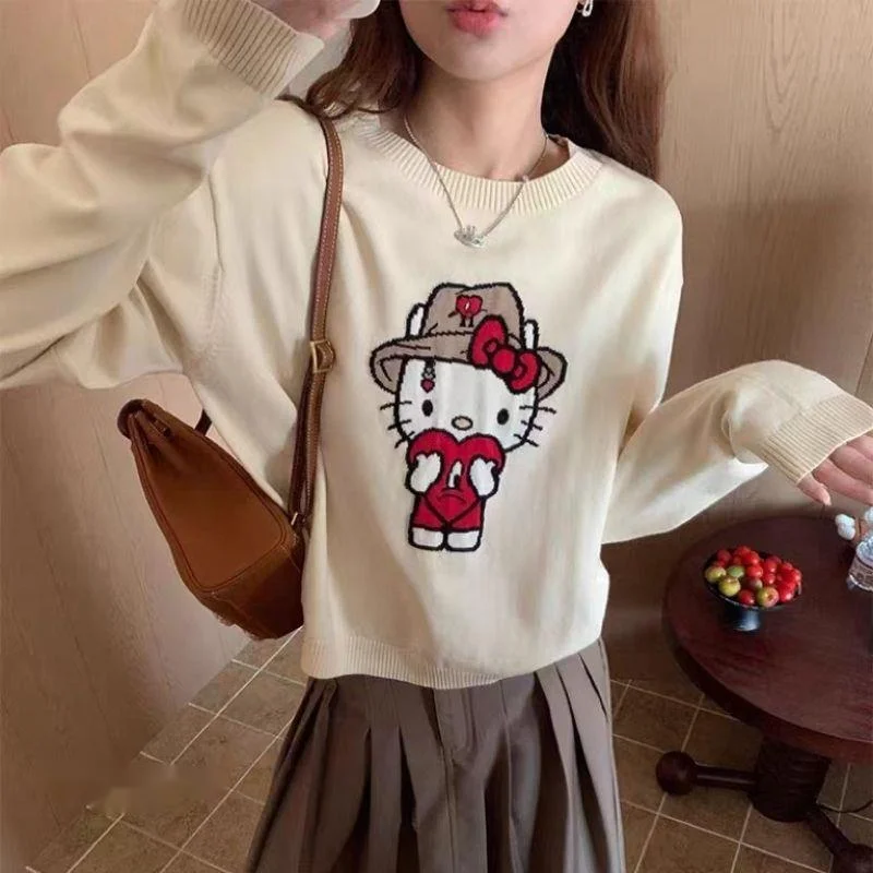 Sanrio Hello Kitty Korean Version Playful Sweater Women Autumn New Round Neck Knitted Pullovers Y2k Sweet Girl Casual Simple Top