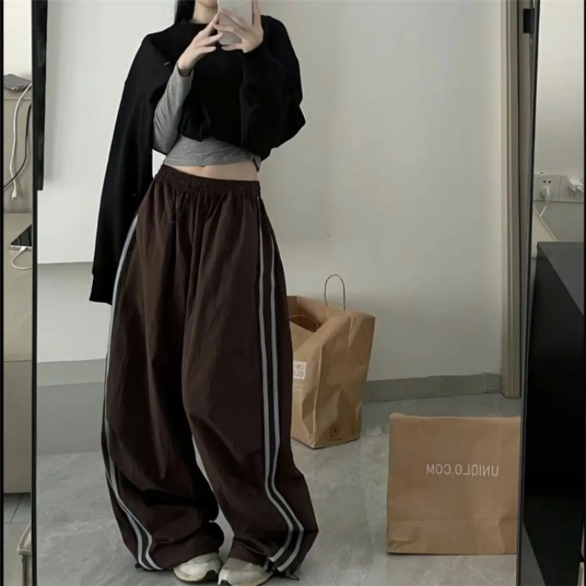 Vintage Y2K Striped Straight Leg Pants Unisex Wide Fit Sport Trousers for School & Outdoor Activities