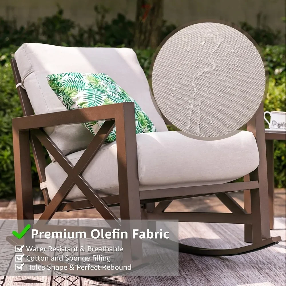 

Outdoor 3-Piece Patio Bistro Set with Two Rocking Chairs and Metal Coffee Table, Plush Cushions Included