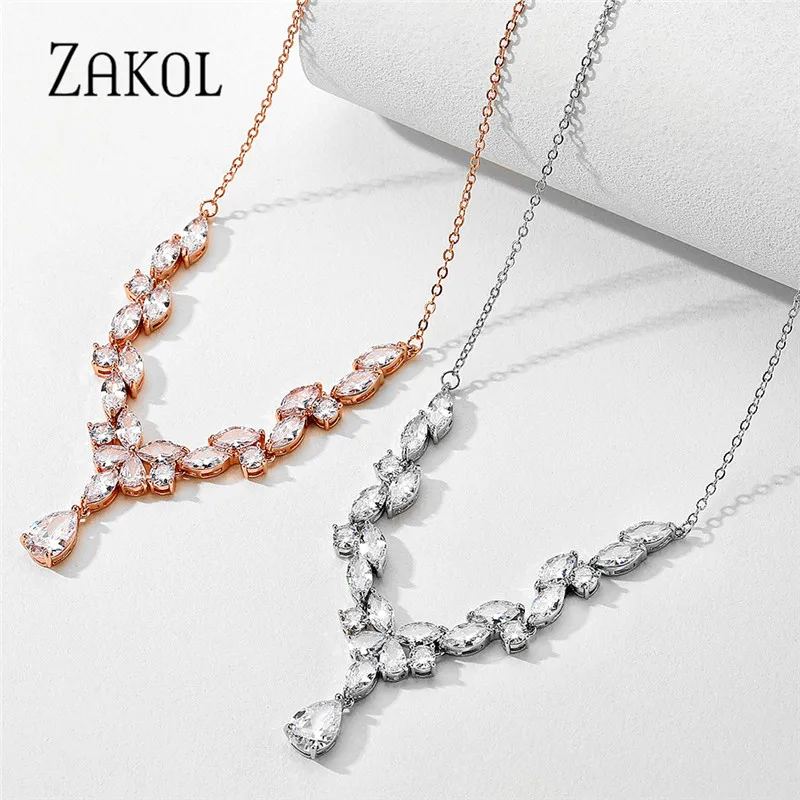 ZAKOL Luxury Exquisite Water Drop Cubic Zircon Leaf Chain Choker Necklaces for Women Fashion Bridal Wedding Party Jewelry NP2264