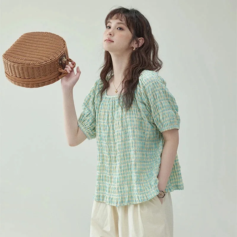 Fresh Plaid Square Neck Puff Sleeve Cotton Blouse Women's Casual Ruffle Hem Summer Daily Tops