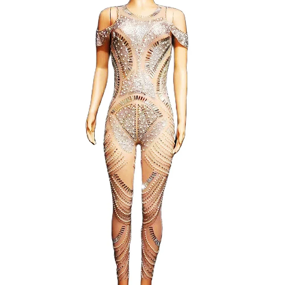 

Sparkly Crystal Sequin Nude Jumpsuit Long Sleeve Inlaid Pearls Women Bodysuits Nightclub Singer Dancer Performance Stage Wear