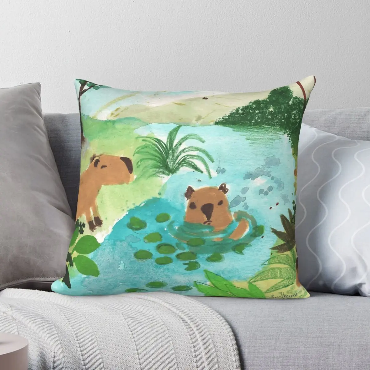 Capybara In River Square Pillowcase Polyester Linen Velvet Pattern Zip Decorative Pillow Case Home Cushion Cover 45x45