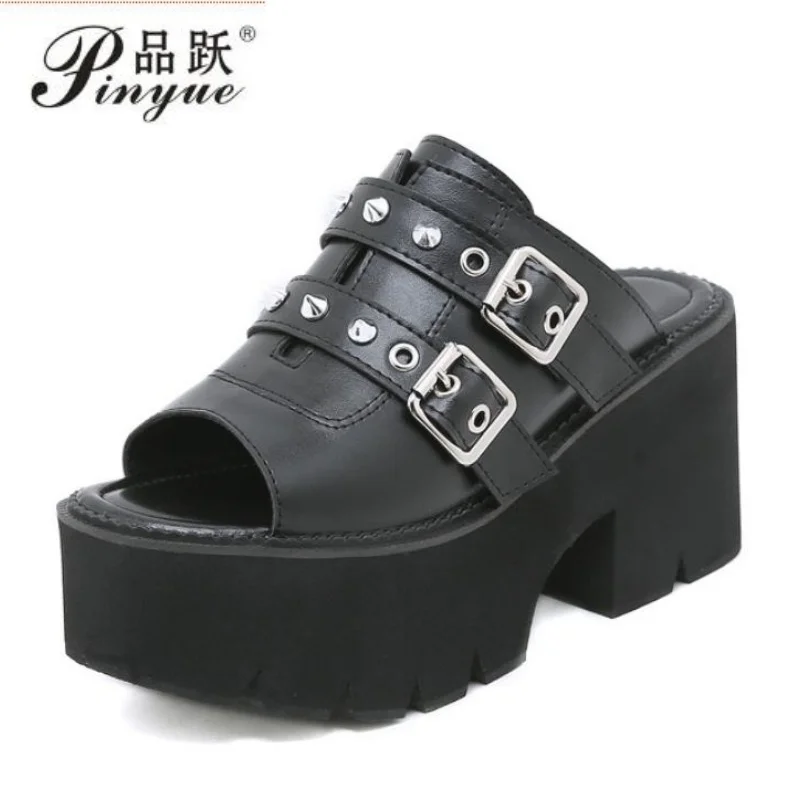 9cm High Chunky Heels Sandals for Women Open Toe Heels Cute Slip-on Mule Shoes Slingbacks Belt Buckle Black Leather shoes 35-43