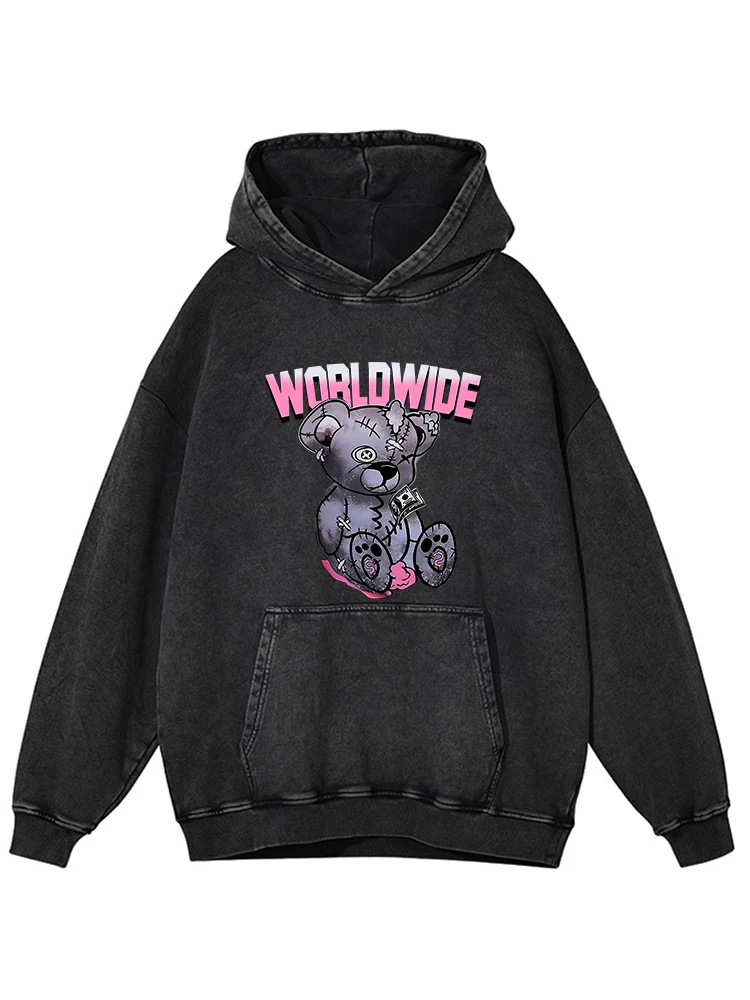 Cartoon Puppet Bear Printing Women Washed Hoodies Fashion Comfortable Hoodie Warm Cotton Hoody Autumn Versatile Female Clothing