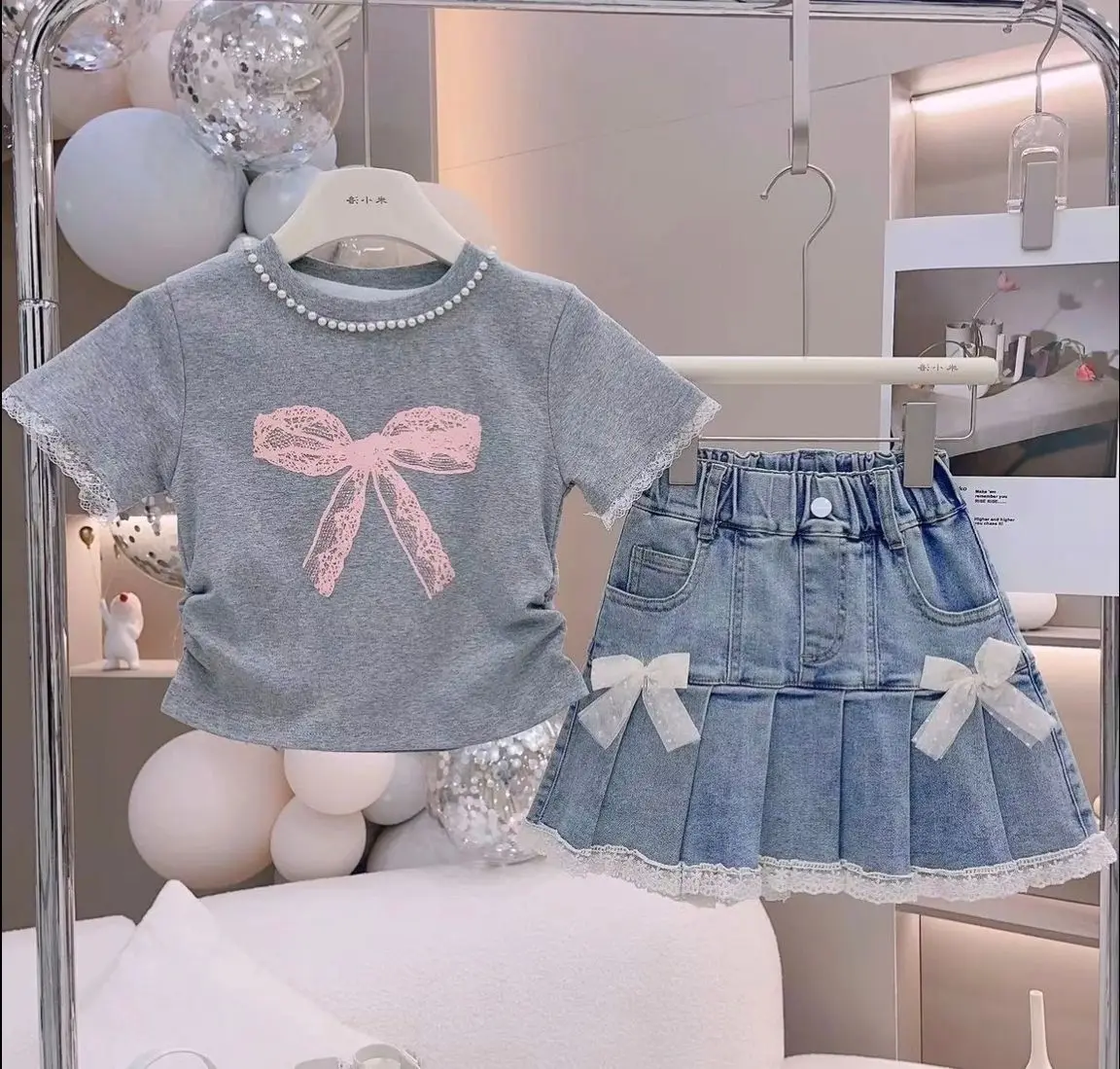 

Girls' Summer Set 2025 New Style Bow Short Sleeve T-shirt Children's Cowboy Short Skirt Pants Two Piece Set