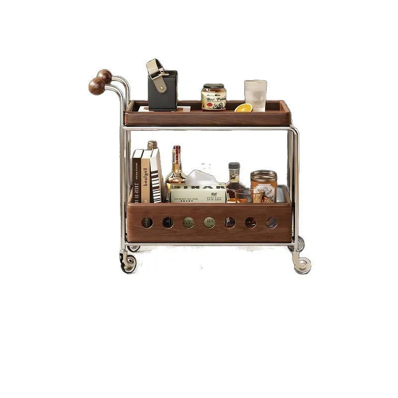 

Movable trolley sofa side table coffee table retro style solid wood storage multi-layer rack dining car snack rack