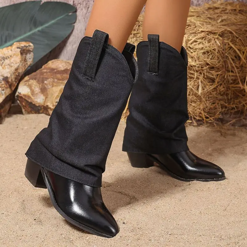 

ORCHA LISA Fashion Women's Western Cowboy Boots Pointed Toe 6cm Block Heel Slip On Black Mixed Color Large Size Casual Mid Calf