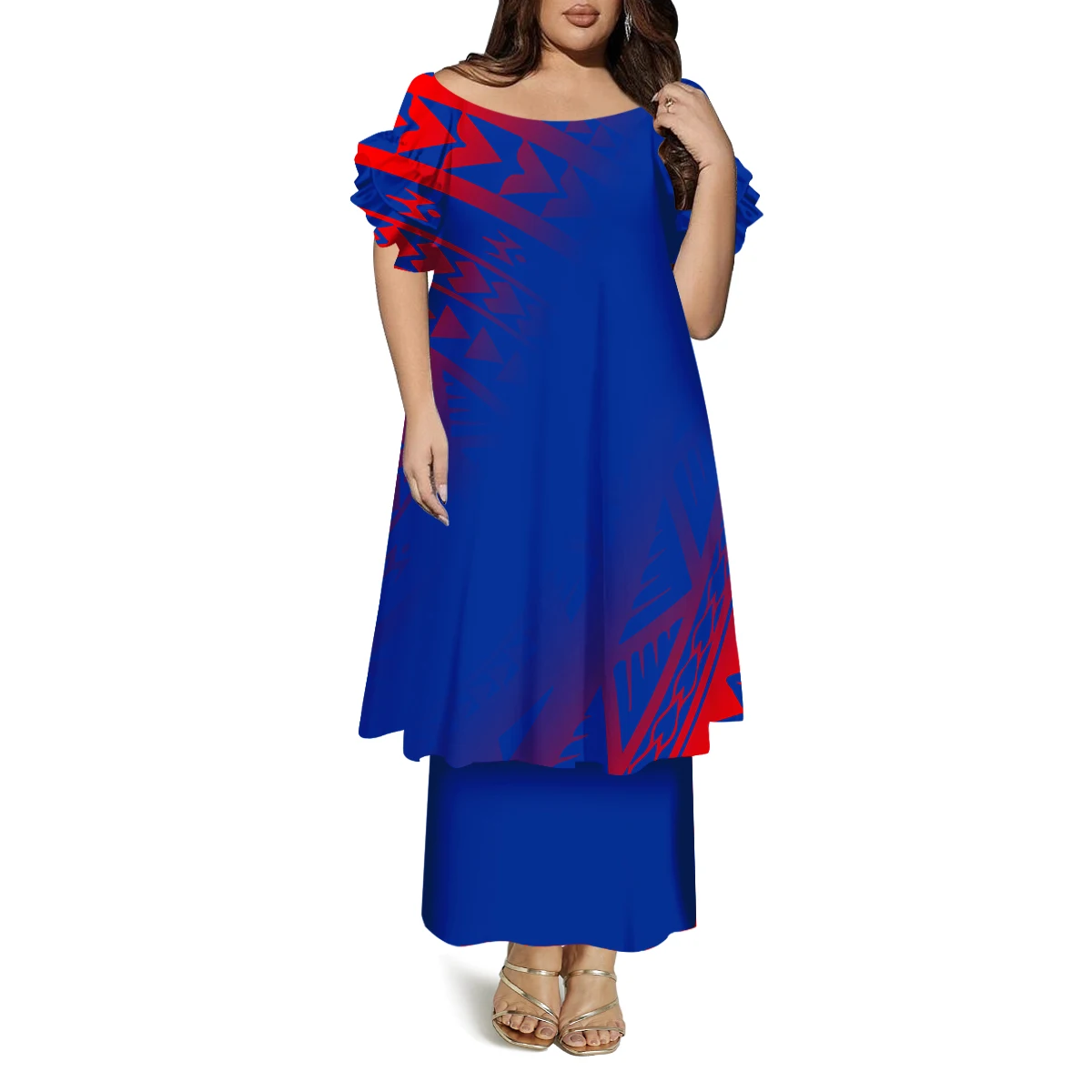 Vestido casual polinésio de camada dupla feito sob medida com gola redonda e manga borboleta com padrões confortáveis macios e soltos