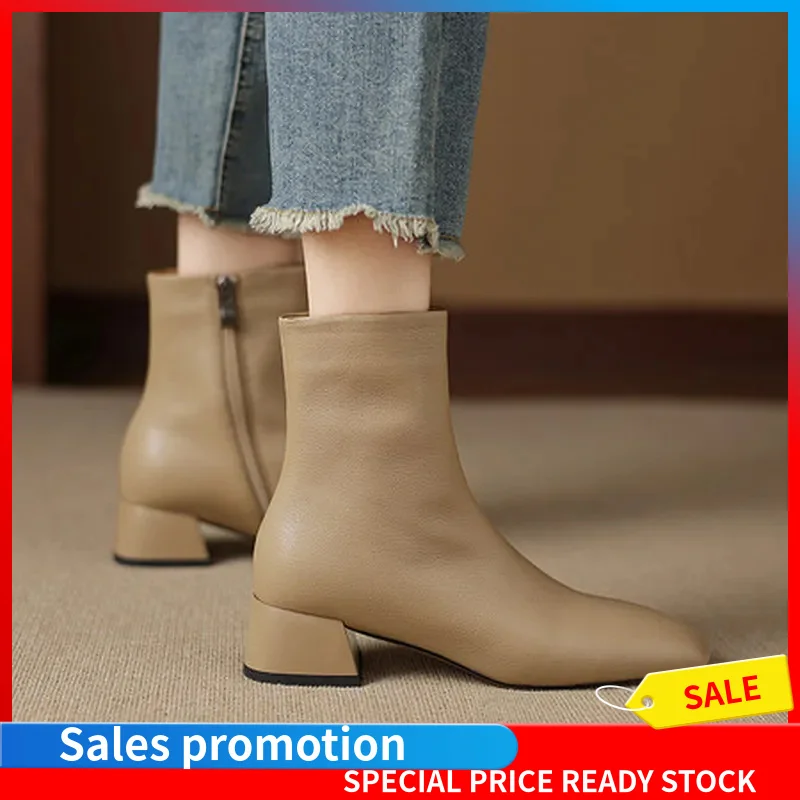Women Cow Leather Square Toe Ankle Boots 4CM Chunky Heel Side Zip Dual Sheepskin Fleece Lining TPR ElegantLagre Size33-43F93