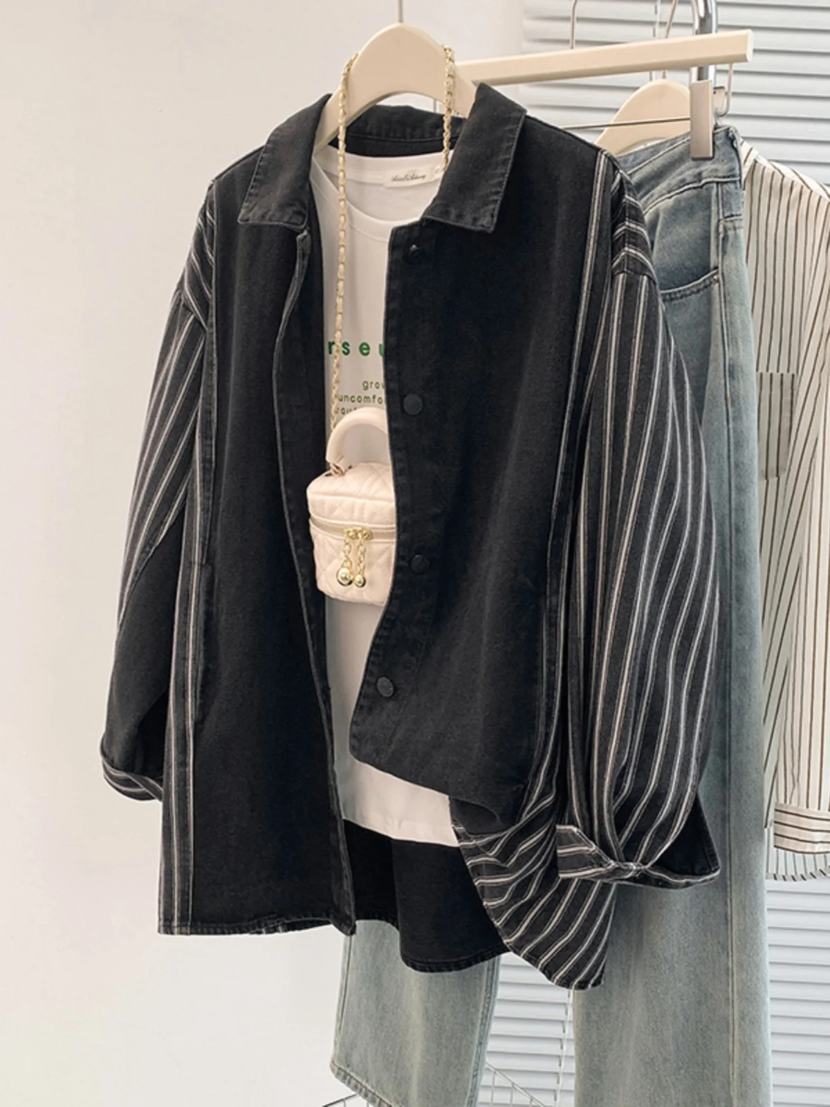 

Модная полосатая джинсовая куртка irt Jaet, женская весенне-осенняя свободная верхняя одежда, топ, корейский длинный воротник све