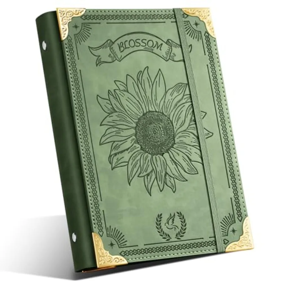 

Sunflower PU Leather 6 Ring Refillable Journal No Inserts Planner Loose Leaf for Notebook 5.7"x8.3" with Elastic Closure, Green