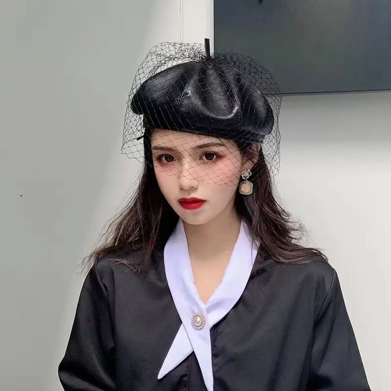 Fascinating Black Hat Chic Leather French Beret With Veil Mesh Show Double Layer Women Beret Beanies Cap