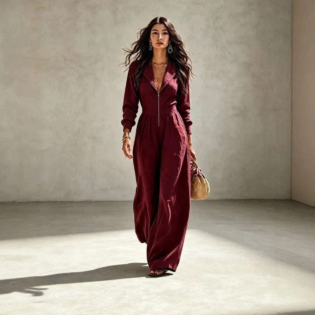 Zipper Pants Long Pants Mid Rise Waist Elegant Style with Western Full Length Long Sleeve Slight Stretch Autumn Women Jumpsuit