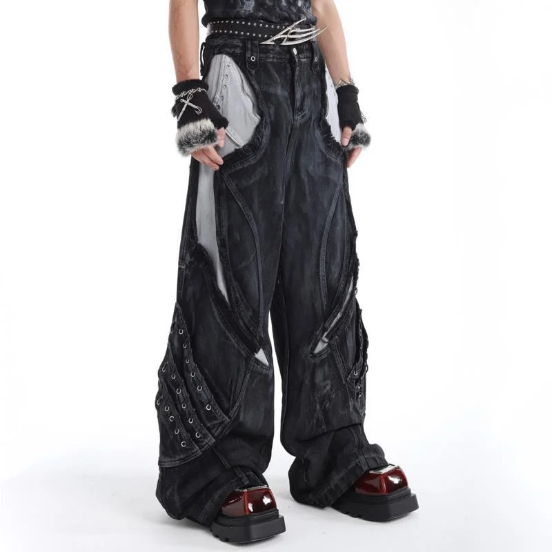 HKSH Spring New Men's Tide Chic Ins Dark Three-Dimensional Patchwork Jeans Women Y2K Deconstructed Wide-Leg Denim Pants HK25691