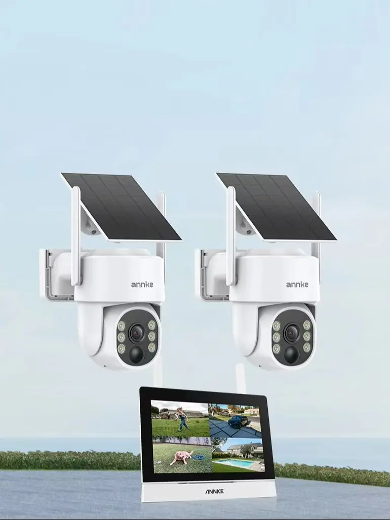 ANNKE 4-Kanal Drahtloses Sicherheitskamerasystem mit 7-Zoll-Monitor, 2 x 4MP Outdoor Solar-PTZ-Kameras, Drahtlose Haussicherheit, KI-Personenerkennung, Vollfarbige Nachtsicht, Zwei-Wege-Audio,