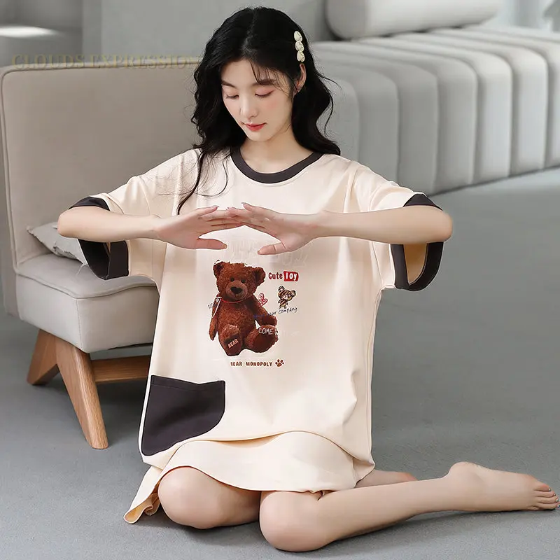 Summer Cartoon Printing Knitted Kawaii Girls Sleep Dress Womens Nightgowns Nighttie Pink Sleepshirts Ladies Dresses Home Fashion