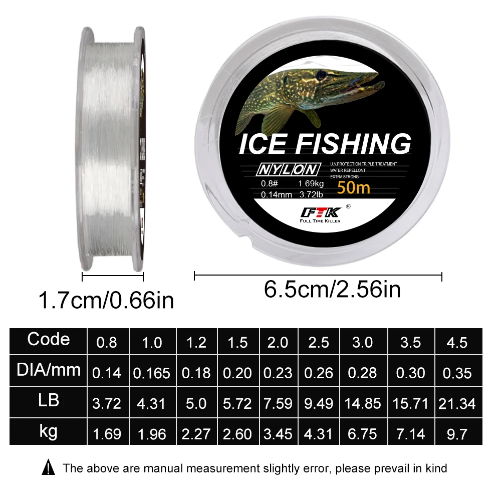 FISH KING Winter Fishing Line 50M 0.14-0.35mm 3.72-21.34LB Super Strong Monofilament Japan Nylon Ice Fishing