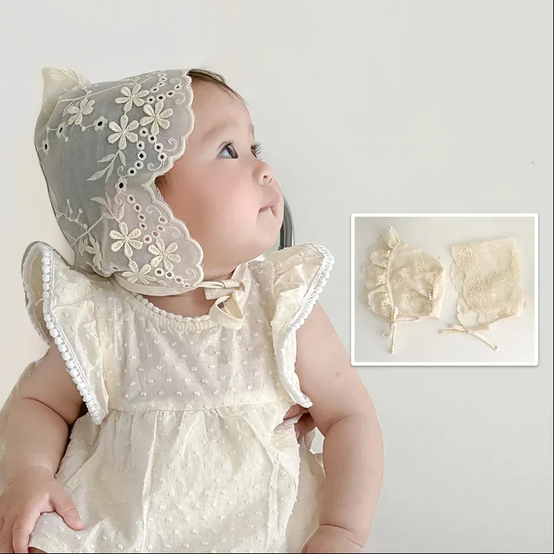 Hollow Lace Palace Hat Princess Baby Tie Headwear Bonnet Chic Embroidery Flower Newborn Fetal Cap 6-20M Kids Girls Photo Props