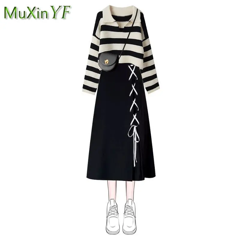 Fall Suit Women 2022 New Striped Knit Sweater Top + Versatile Midi Skirt Two Piece Korean Elegant Casual Pullover Dress Set