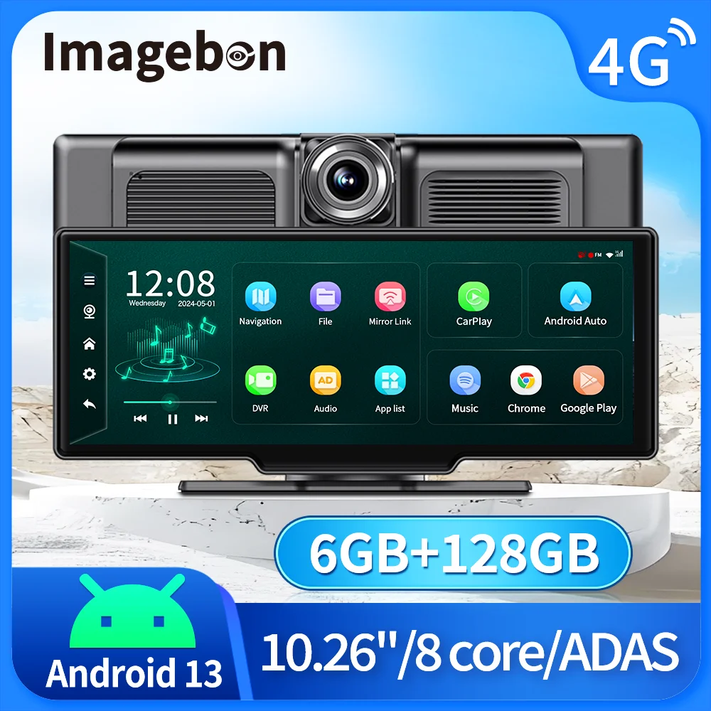 Imagebon 10.26 Inch 8 Core 6+128GB Android 13 Dash Cam 4G LTE Car Camera Netflix Google Play Carplay Android Auto OTA Upgrade