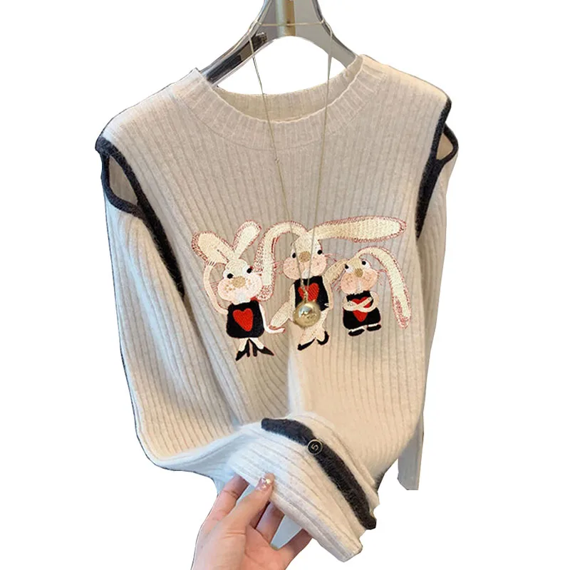 Cartoon Embroidery Women\'s Sweater Pullovers Leaky Shoulder O Neck Knitted Jumper Female Korean Fashion Soft women\'s clothing