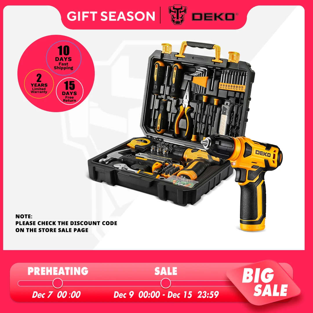 DEKO 126Pcs Power Tool Combo Kits with 8V Cordless Drill,10MM 3/8'' Keyless Chuck,Professional Home Household DIY Hand Tool Kits