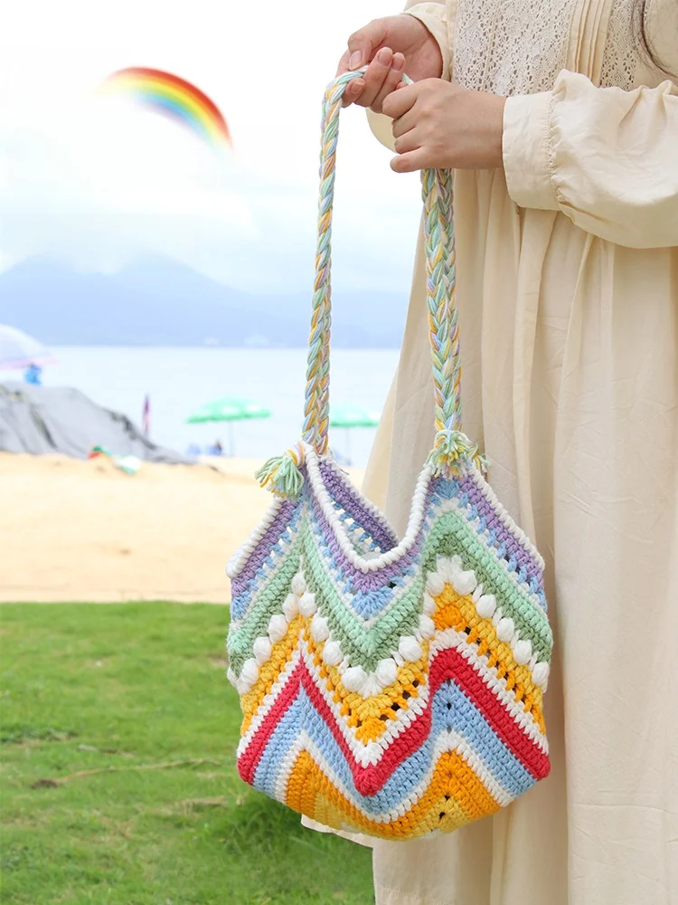 夏の手作りdiyかぎ針編みピクニックバッグ、シングルショルダーハンドバッグ、フックニードル、ウールヤーン、クラウドレインボーバッグ、xiwu-yuyu
