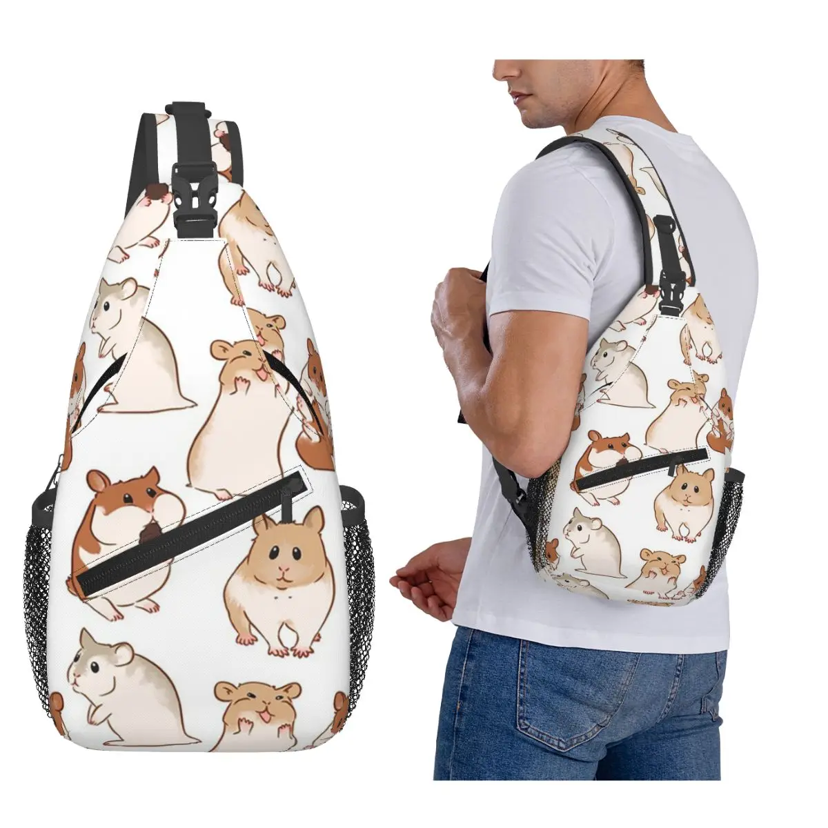Cute Hamster Pattern Chest Bag Men Sling Crossbody Backpack Chest Bag Traveling Hiking Daypack Shoulder Bag