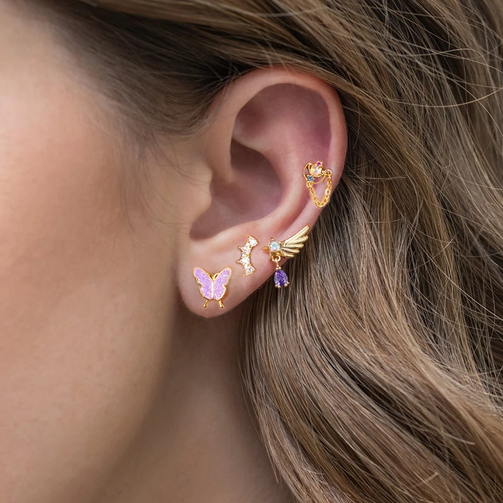 2PC Stainless Steel Cross Stud Earrings Women CZ Zircon Tragus Cartilage Helix Butterfly Heart Daith Earrings Fashion Jewelry