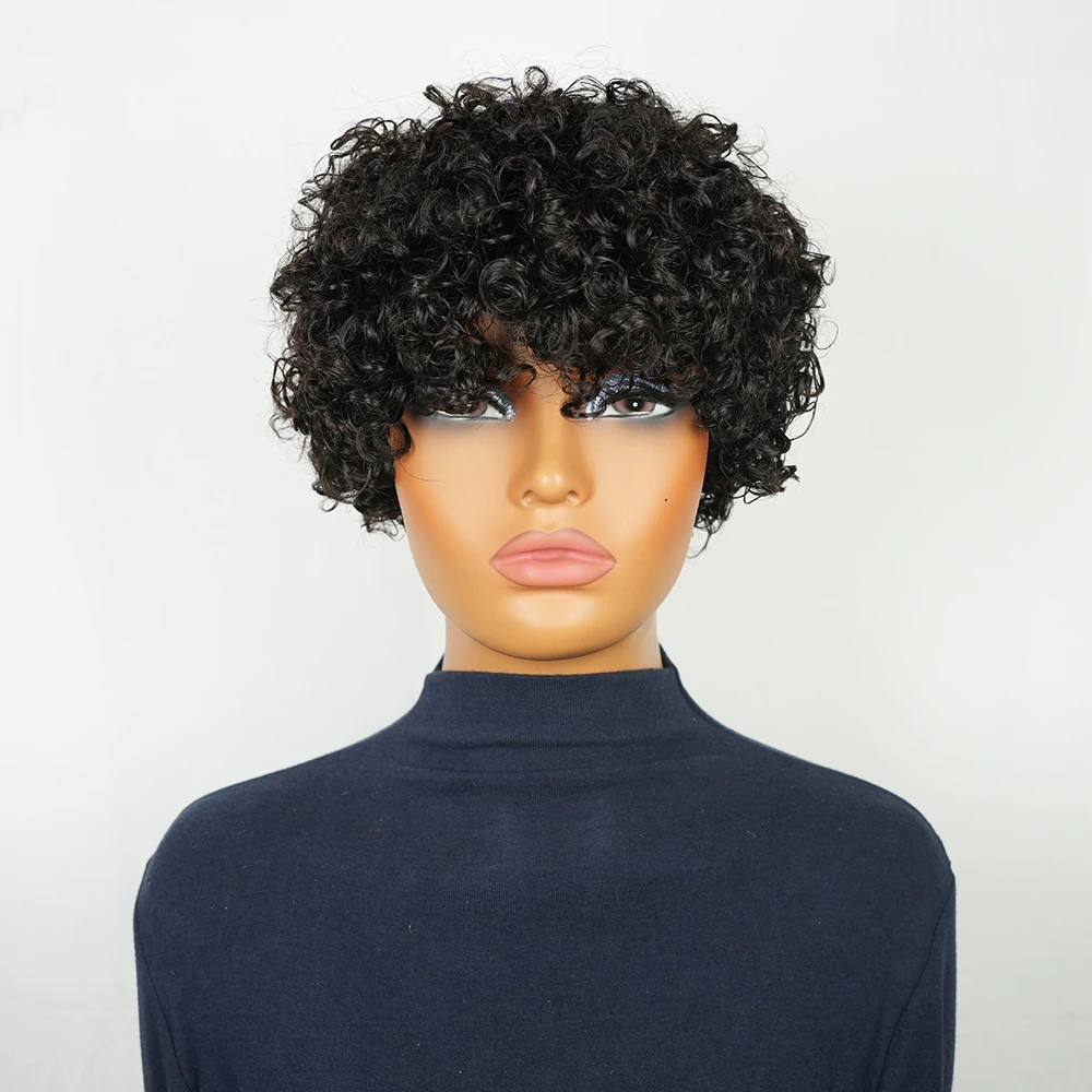 Парики из натуральных волос с стрижкой пикси для чернокожих женщин, дешевый парик из натуральных волос, вьющиеся парики из человеческих волос, полный парик машинного производства
