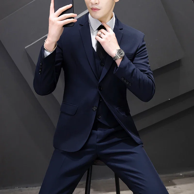 Mens Suits (blazer+vest+pants) Fashion Business Casual Hosts The Korean Version of Slim Gentleman Wedding Work Suit Size M-8XL