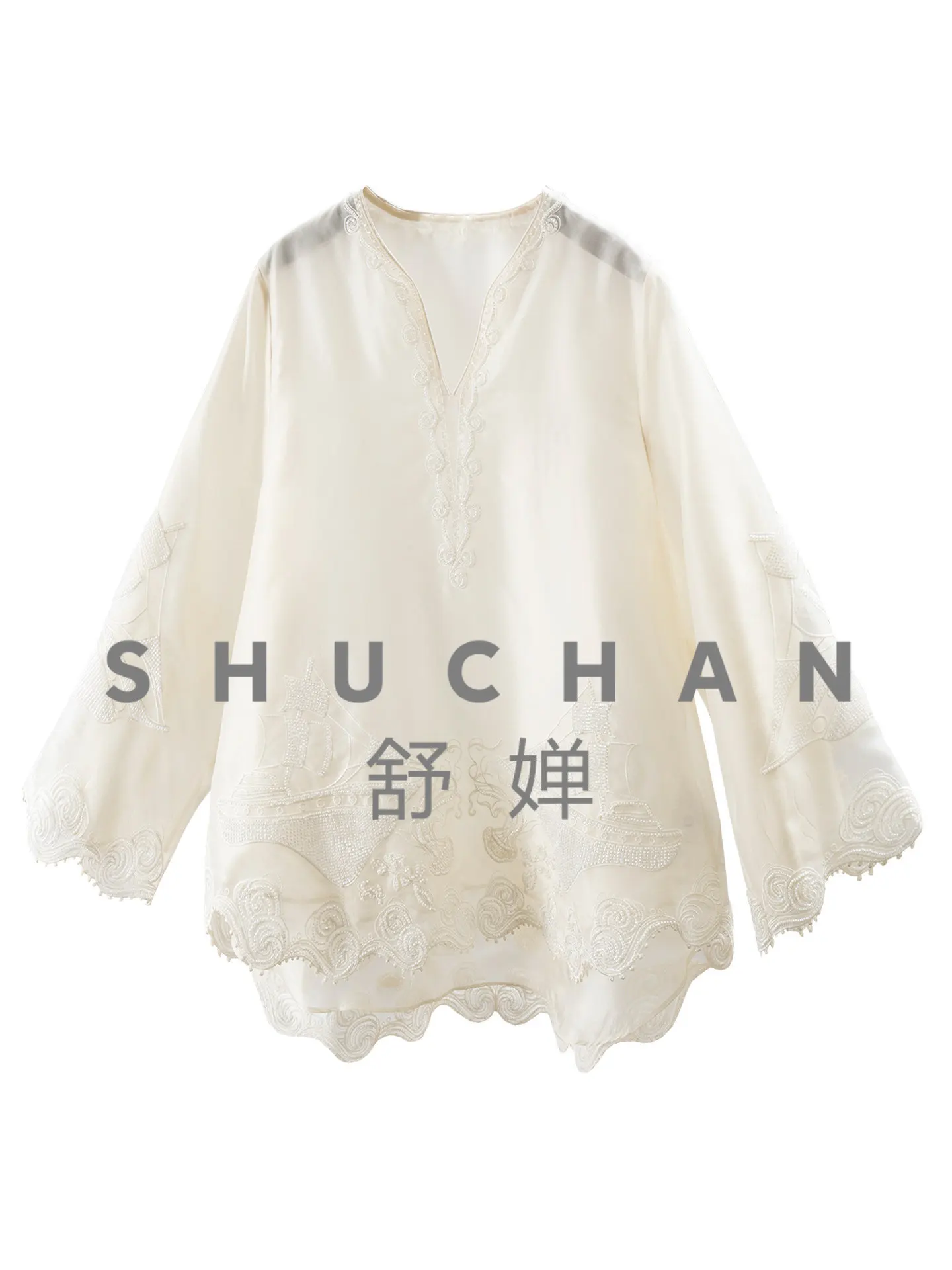

Indie Folk Blouse Beading Light Luxury Double-layer Natural Silk Eugen Yarn Bead Embroidered Loose Shirt H09L4
