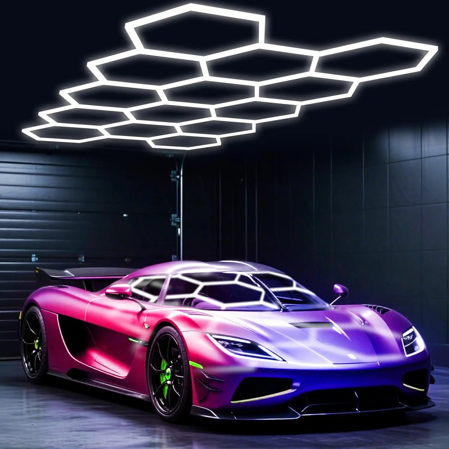 Mexllex 14/8/5 Sechseckige LED-Garagenleuchte, superhell, DIY verknappbare Plug-in-Deckenleuchte für Werkstatt, Fitnessstudio, Autopflege, Lager