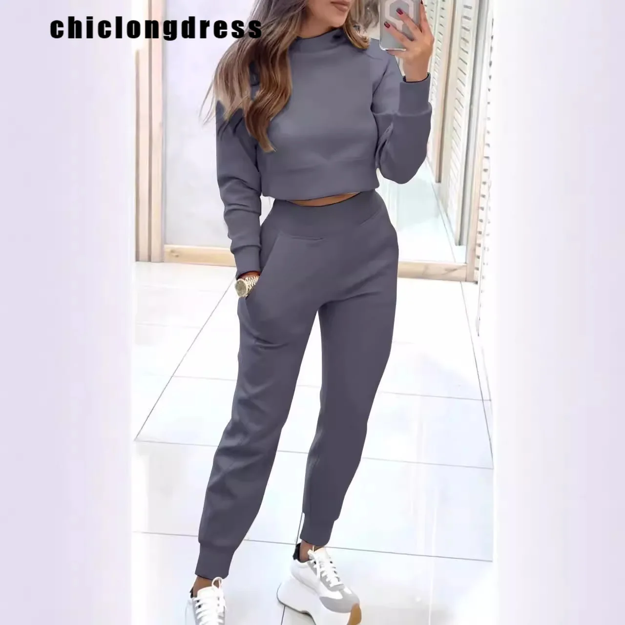 Autumn Fashion Sports Style Two Piece Set Women Casual High Neck Top Pocket Sports Pants Two Piece Set Women