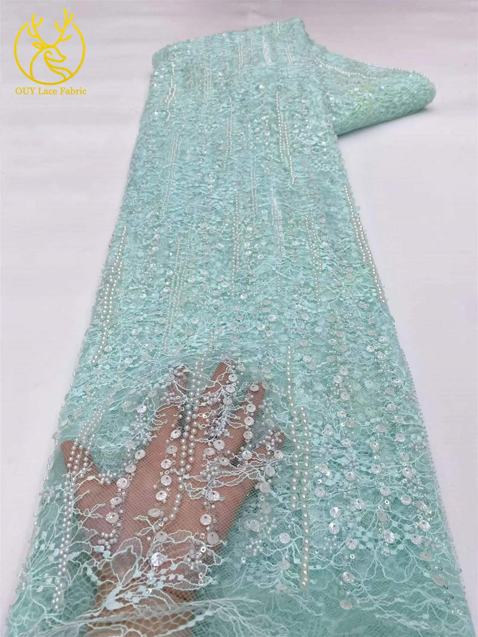 Afrikanischer Spitzenstoff, hochwertige französische Stickerei, Perlen, Pailletten, Tüll, Netzspitze für Frauen, Hochzeitskleid, Nähzubehör, 5 Yards – Detail 14