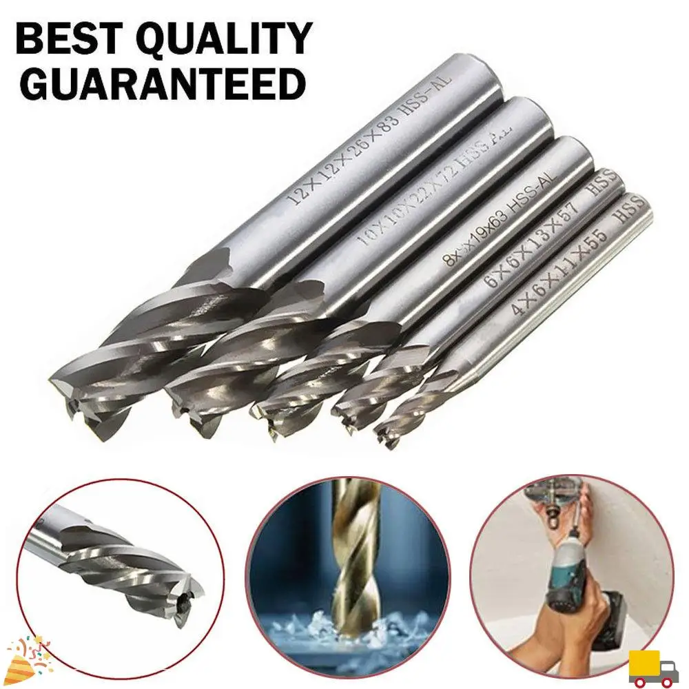 

A32HOT-5Pcs/Set Straight Shank End Mill Cutter 4 Flute Hss Drill Bit 4/6/8/10/12Mm For Cnc Milling Tool