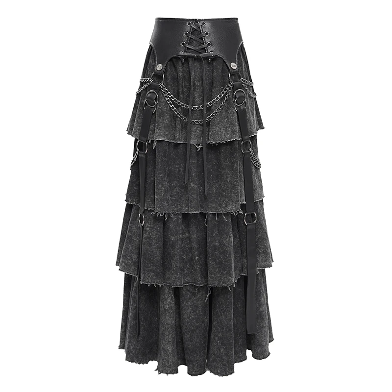 DEVIL FASHION Gothic Punk Layered Cake Skirt Women Vintage Washed Raw Edge Long Skirt With Chains SKT233