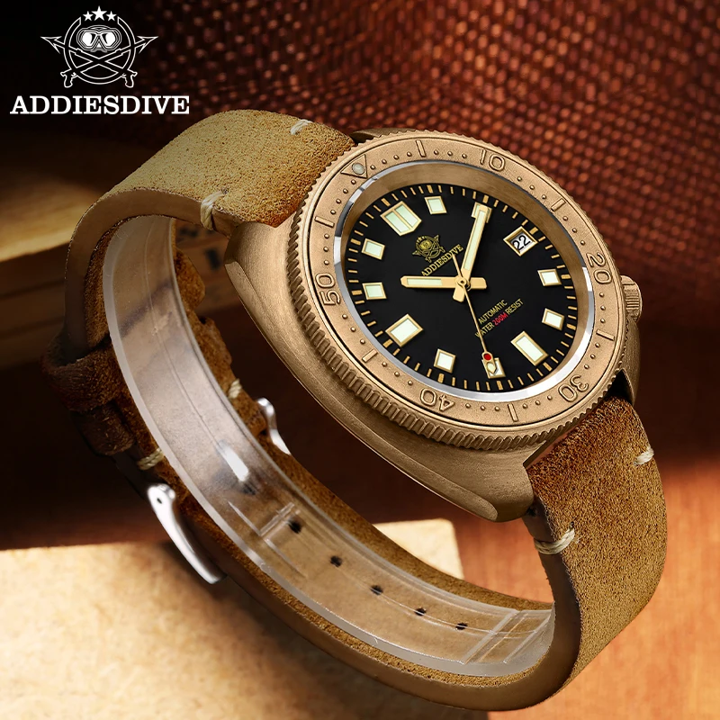 ADDIESDIVE Nuevo Reloj de Bronce para Hombre, Relojes Automáticos Mecánicos con Correa de Cuero y Cristal de Zafiro, Relojes de Pulsera para Hombre, Reloj de Buceo Luminoso de 200 m