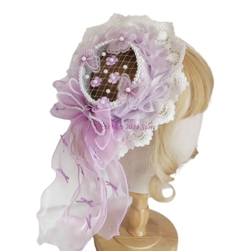 49ME chapéu topo vintage com babados laço pérola anime acessórios cosplay