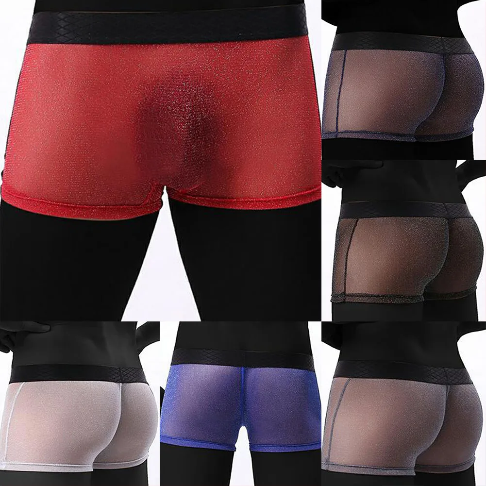 Homens ver através boxer ultra-fino bikini homem briefs shorts elasticidade cueca masculina calcinha malha bulge bolsa brilhante cuecas