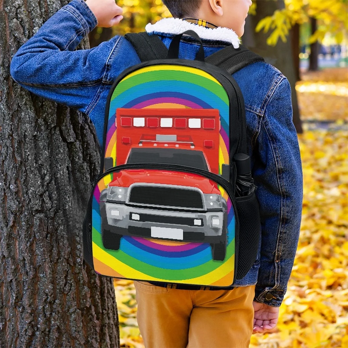 

FORUDESIGNS Rainbow Cartoon Car Pattern Schoolbags Primary School Students Utility Backpacks Simple Waterproof Variety Bookbags