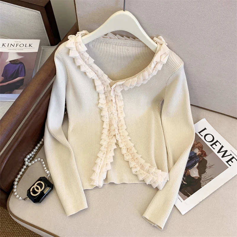 Bomon casual simple V-neck three-dimensional lace stitching long sleeve knitwear women 2024 autumn/winter new lotus collar top