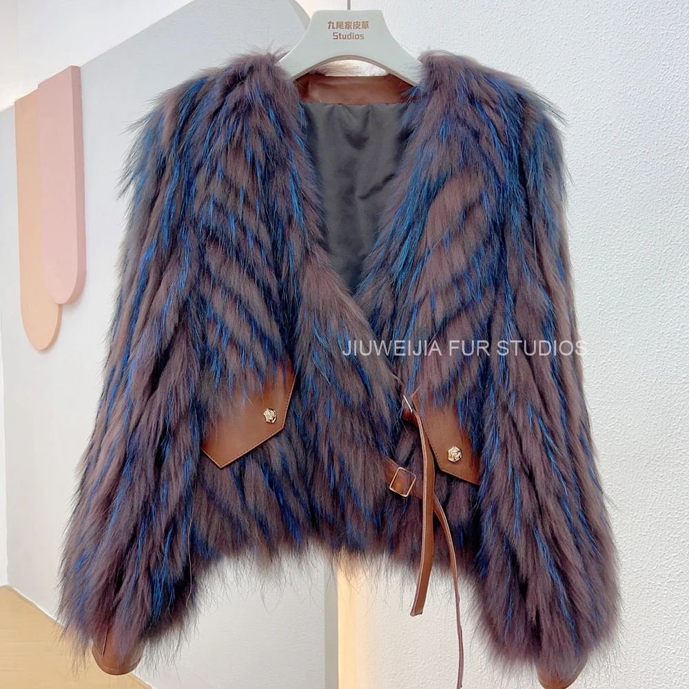 2026 Winter New Fur Strip Sewed Together Short Style Thin Raccoon Fur Fox Fur Coat Young Women's Coat