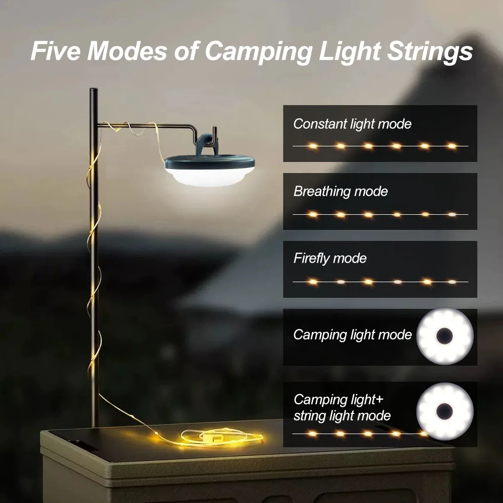 Portable Camping Lights 2 in 1 USB Rechargeable Outdoor String Lights 5 Modes Adjustable Brightness String Light For Yard Garden