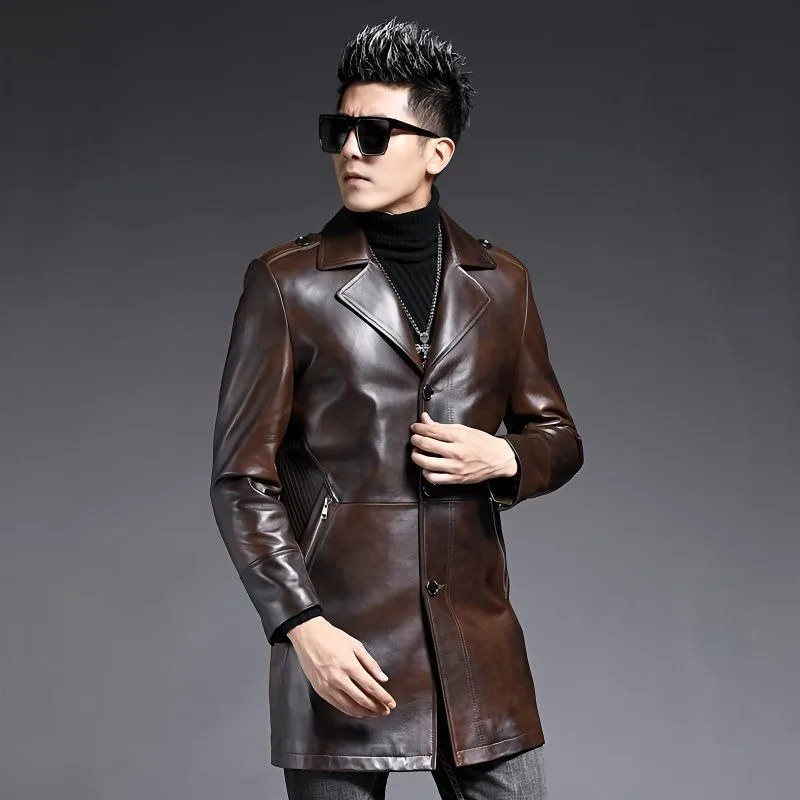 

Men's Sheepskin Mid-length Suit Collar Young Autumn Light Jacket Men's Leather Jacket Slim Stylish Genuine Leather Trench Coat