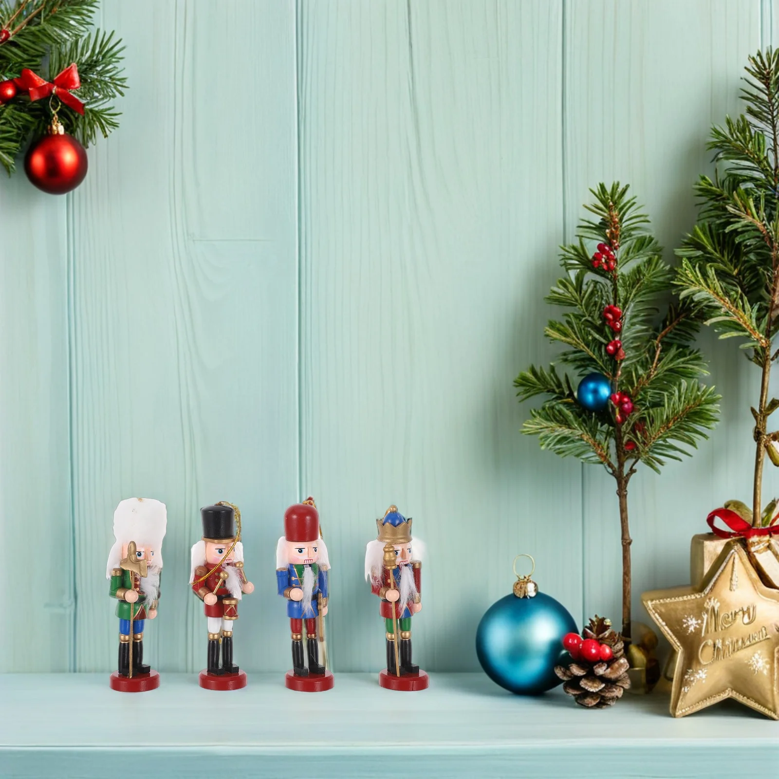 

4Pcs Traditional Nutcracker Wood Soldiers Christmas Hanging Decorations Xmas Table Centerpiece Holiday Display Festive Ornament
